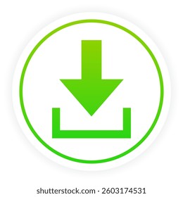 Download set icon. Green arrow pointing down into box symbolizes data download, saving, document storage, digital files, software and content access.