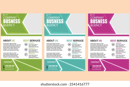 Download a set of modern business agency flyer templates in three eye-catching color schemes: green, teal, and pink. Perfect for promoting corporate services, marketing strategies, and brand offerings