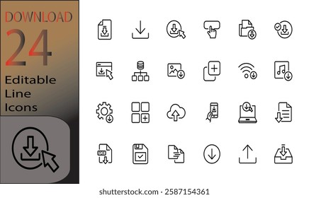 Download set of web icons in line style. Upload and Download linear icon collection. Containing arrow, link, folder, download file, cloud storage, web button. Editable stroke