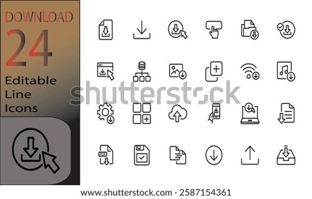 Download set of web icons in line style. Upload and Download linear icon collection. Containing arrow, link, folder, download file, cloud storage, web button. Editable stroke