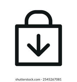 Download shopping bag UI icon, shopping bag with arrow down simple line user interface vector symbol