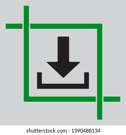 Download sign illustration. Black icon inside green crop tool at light gray background