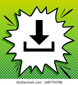 Download sign illustration. Black Icon on white popart Splash at green background with white spots. Illustration.