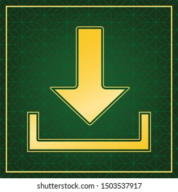 Download sign illustration. Golden icon with gold contour at dark green gridded white background. Illustration.