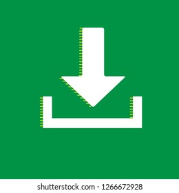 Download sign illustration. Vector. White flat icon with yellow striped shadow at green background.