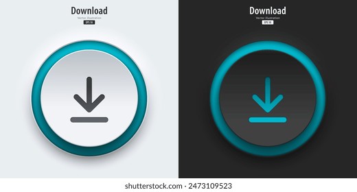 Download sign. A set of black and white round buttons with Download symbols. Download icon. 3D Neumorphism design style for Apps, Websites, Interfaces, and mobile apps. UI UX. Vector illustration.
