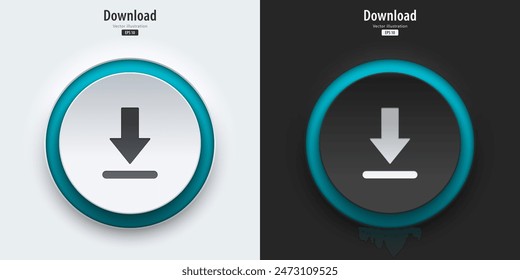 Download sign. A set of black and white round buttons with Download symbols. Download icon. 3D Neumorphism design style for Apps, Websites, Interfaces, and mobile apps. UI UX. Vector illustration.