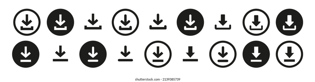 Download simple icons set. Down arrow sign. Download file document round button. Vector illustration.
