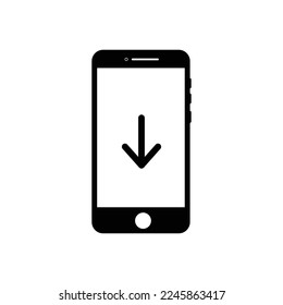 Download smartphone icon in black flat design on white background, File download on screen