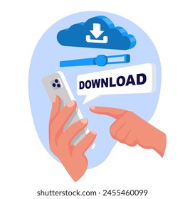 Download smartphone icon. File download from the cloud on screen. Hand holds smartphone. Finger touching the screen. Vector illustration flat design. Isolated on white background.