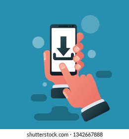 Download smartphone icon. File download on screen. Hand holds smartphone. Finger touching the screen. Vector illustration flat design. Isolated on white background.
