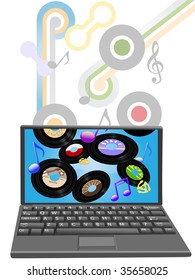 Descargue artículos de oro sólido a 45 RPM o canciones musicales nuevas en un ordenador portátil.