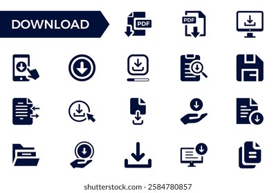 Download solid icon set. Containing upload, document, link, download file, folder, data and PDF icons. Solid icon collection. Vector illustration.