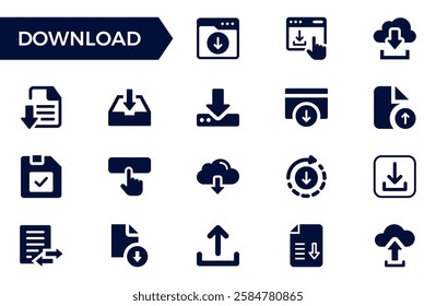 Download solid icon set. Containing upload, document, link, download file, folder, data and PDF icons. Solid icon collection. Vector illustration.