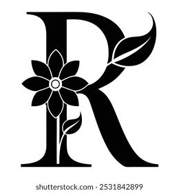 Baixe uma impressionante letra maiúscula R com um efeito floral. Esta ilustração vetorial apresenta arte de linha, silhueta, ícone, design de logotipo e clipart, perfeito para projetos criativos, branding.