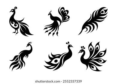 Download a stunning set of vector silhouettes featuring tribal tattoo peacocks displaying their majestic feathers. Perfect for design projects, prints, and more