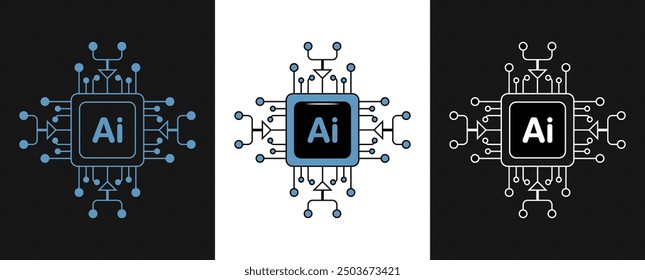 Descarga estos elegantes iconos de chip de IA de alta tecnología perfectos para cualquier proyecto que implique inteligencia artificial, aprendizaje automático o tecnología futurista. Concepto de Ilustración vectorial.