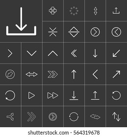 download, thin line arrow icon set for use in different applications, media libraries. On a gray background