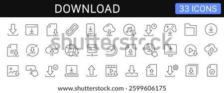 Download thin line icons set. Download file, document, upload, button icon. Editable stroke. Vector