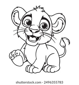 Download this adorable cartoon lion cub vector. Perfect for kids' projects, colouring books, and educational materials. High-quality line art illustration of a happy baby lion.