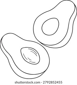 Download this clean, black and white avocado line art vector drawing. Featuring two avocado halves with seeds, it is perfect for coloring pages, minimal logos, food icons, and healthy diet illustrations.