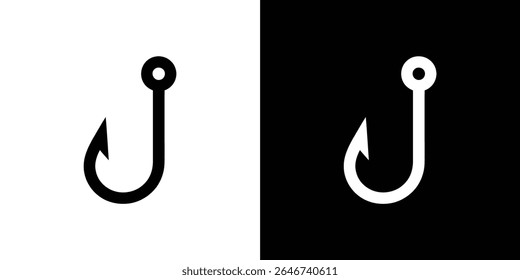 Download this clean, minimalist fishing hook icon in both black and white. Perfect for websites, apps, and print projects related to fishing, angling, or outdoor activities.
