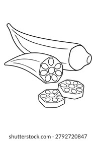 Download this clean and simple okra coloring page for kids. Featuring a whole ladyfinger and sliced pieces, this black and white outline vector artwork is perfect for educational worksheets, preschool activities, and vegetable coloring books.