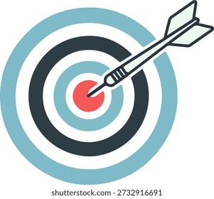 Download this clean vector illustration of a dart hitting the bullseye on a multi-colored target board. Perfect icon for visualizing business goals, success, precision, marketing strategy, focus, and hitting key objectives. Ideal for presentations, websites, and application design.
