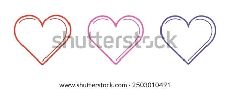 Download this colourful vector featuring red, pink, and purple double-line heart outlines. Perfect for love-themed designs, invitations, and creative projects. High-quality and versatile.