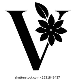 Download this elegant capital letter V with a floral effect. This vector art includes line art, silhouette, icon, logo, and clipart, ideal for branding, creative projects, and decorative designs.