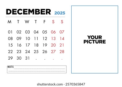 Download this free December 2025 calendar template perfect for planning your month It features a space for your photo Ideal for personal or office use.