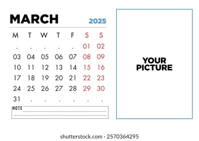 Download this free printable March 2025 calendar featuring a space to add your favorite photo Perfect for personal or professional use.