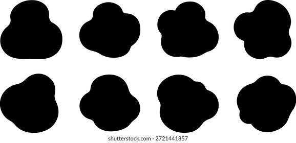 Download this vector collection of eight unique black amorphous liquid blob shapes on a white background. Ideal for creating modern, abstract backgrounds, organic design accents, text overlays, or UI UX elements. These irregular, flowing forms provide a contemporary aesthetic for branding, graphic design, and web projects.