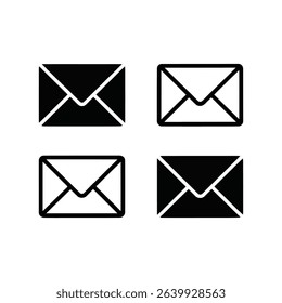 Download this versatile vector set of simple email envelope icons, perfect for representing digital messages and communication. The black and white outline design offers a clean and modern aesthetic 