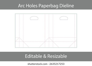 Download this versatile vector template for a paper shopping bag. Featuring a precise die-cut design with arc handle holes and clearly marked dotted lines for easy folding and construction.