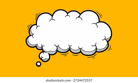Descarga esta vibrante Ilustración vectorial dibujada a mano de una burbuja de pensamiento (nube de voz) en un estilo clásico de cómic. Con un llamativo fondo amarillo anaranjado, este diseño en blanco es perfecto para agregar diálogos, ideas, conceptos de comunicación o anuncios de mensajes a presentaciones, Sitios web o contenido de redes sociales. Estética pop art audaz con espacio de copia.
