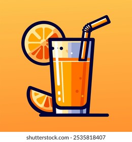 Download this vibrant vector illustration of a refreshing glass of orange juice, ideal for food menus, branding, or summer-themed designs. Crisp and colorful artwork.