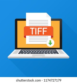Download TIFF button on laptop screen. Downloading document concept. File with TIFF label and down arrow sign. Vector stock illustration.
