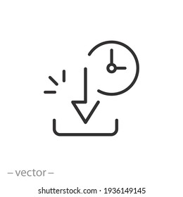 download time icon, file inbox, upload button with clock, thin line web symbol on white background - editable stroke vector illustration