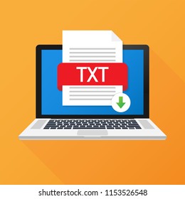 Download TXT button on laptop screen. Downloading document concept. File with TXT label and down arrow sign. Vector stock illustration.