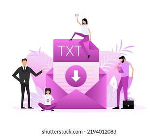 Download txt file. Group of people with txt document. Isometric vector. Icon vector