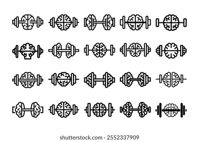 Descarga un conjunto único de barras de silueta con un cerebro en el medio, que simboliza el equilibrio de la aptitud física y la fuerza mental. Perfecto para el gimnasio, el bienestar y los diseños motivacionales
