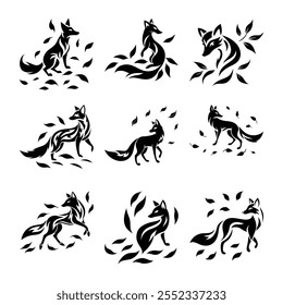 Download a unique tribal fox tattoo vector illustration featuring a fox silhouette surrounded by fallen leaves. Perfect for tattoos, graphic designs, and creative project