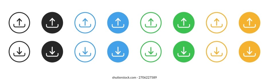 Conjunto de iconos de flecha de Descarga y Cargar: símbolos de Web, App e interfaz con Vector, Botones y Elementos de navegación en fondo transparente