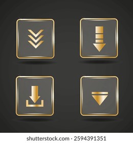 Download upload arrow sign. Glass golden metal button. Website element 