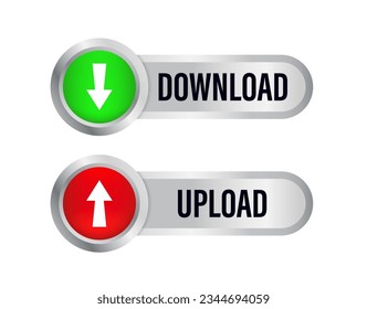 Download and upload button in 3d style with arrow symbols. Downloading and uploading documents. Click here button. Save cloud icon push button for UI UX, website. Vector illustration