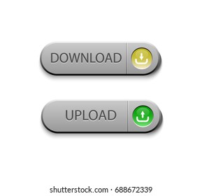 download and upload buttons by gray color with shadow shade and small circle icons, isolated on white background