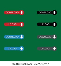 Download and upload buttons in red, blue, black, and gray isolated on a green background. A digital UI design with colorful, modern icons, perfect for web, app, and interface projects.
