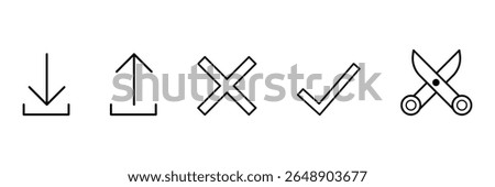 Download, upload, cancel, check, cut icon set vector illustration in minimal outline style for interface UI symbol web mobile design.