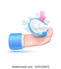 Download upload cloud storage in hand. Digital technology file organization service or app with data transferring. Icon clouds 3D isolated on white background. Vector SPS10 Illustrations.
